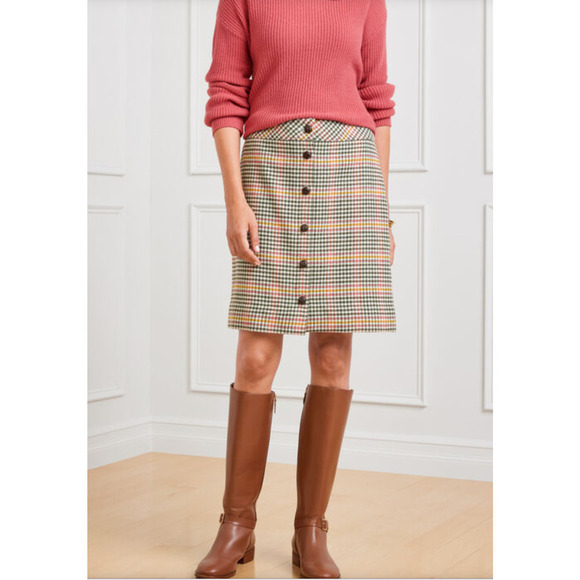 NWOT TALBOTS Women's Wool Blend Houndstooth Plaid Button Front Skirt Tan Size 14 - Picture 1 of 8